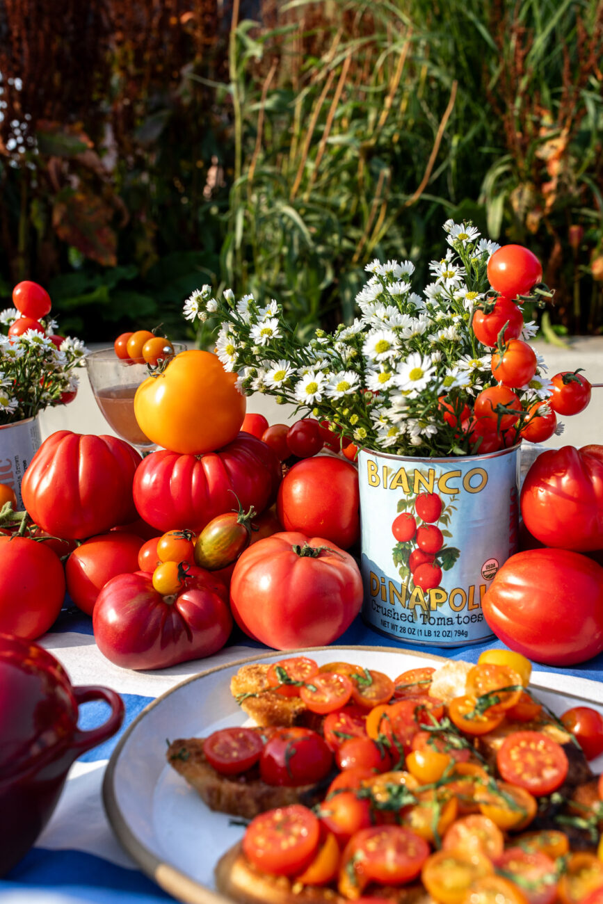 tomato and corn tomato can centerpiece.
