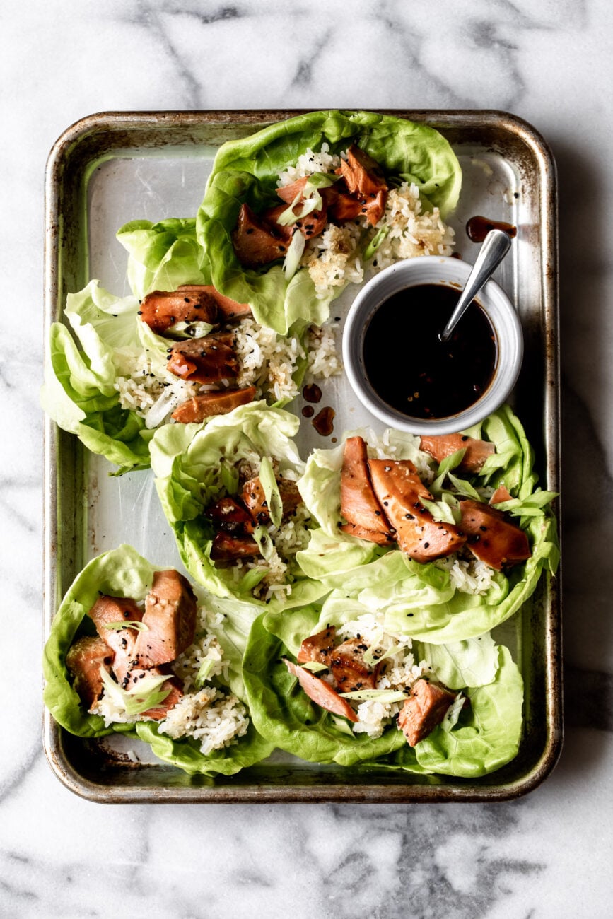 sweet and spicy teriyaki salmon lettuce wraps