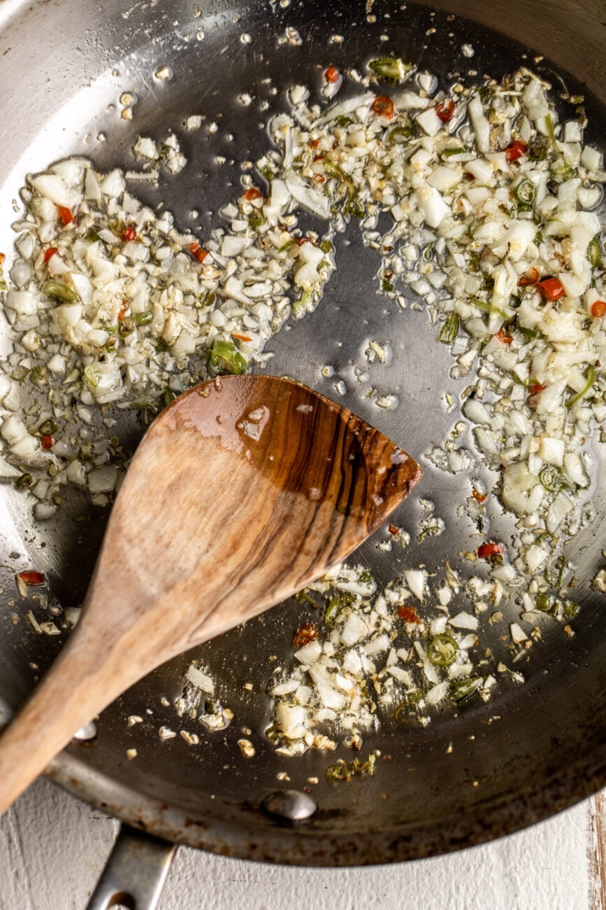 sautéed garlic and chilies.