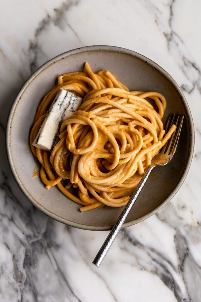 Finished, plated Creamy Pumpkin Pasta with Gorgonzola