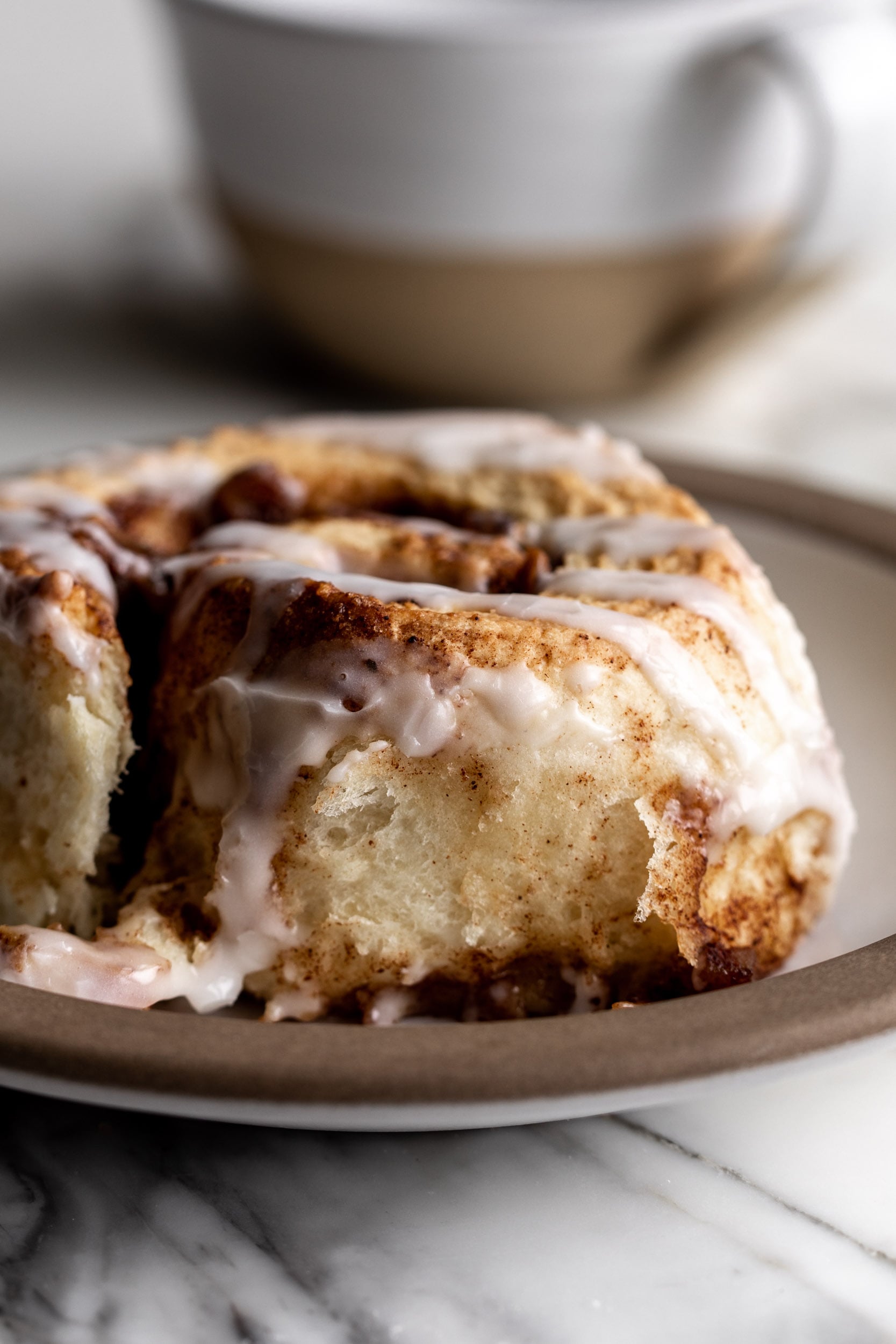 apple cinnamon roll on plate individual apple cinnamon roll on plate with coffee mug.