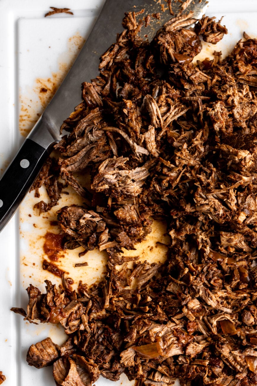 chopped braised birria meat.