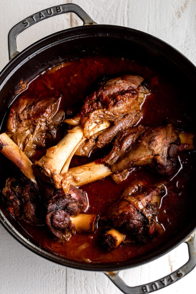 braised moroccan lamb shanks in Dutch oven