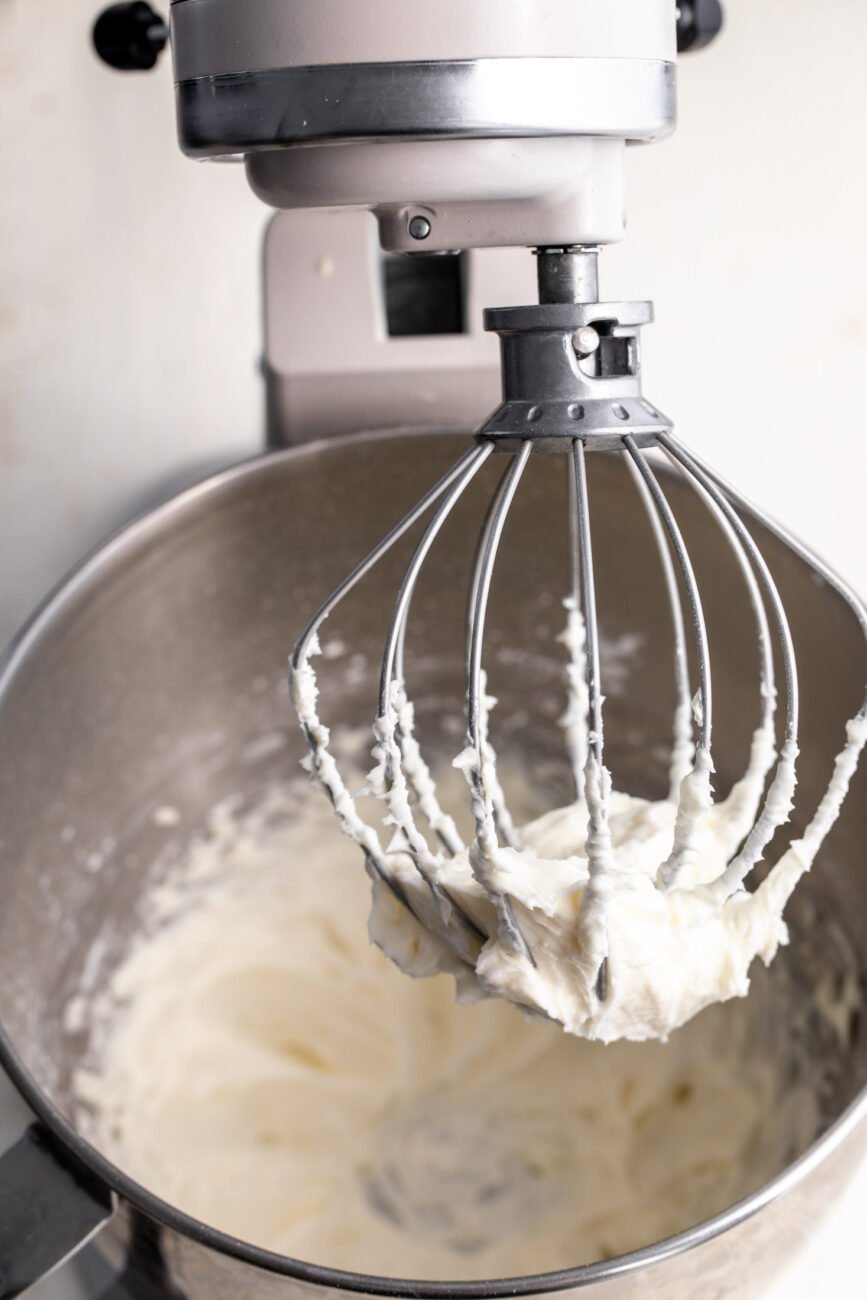 whipped cream cheese filling in stand mixer.