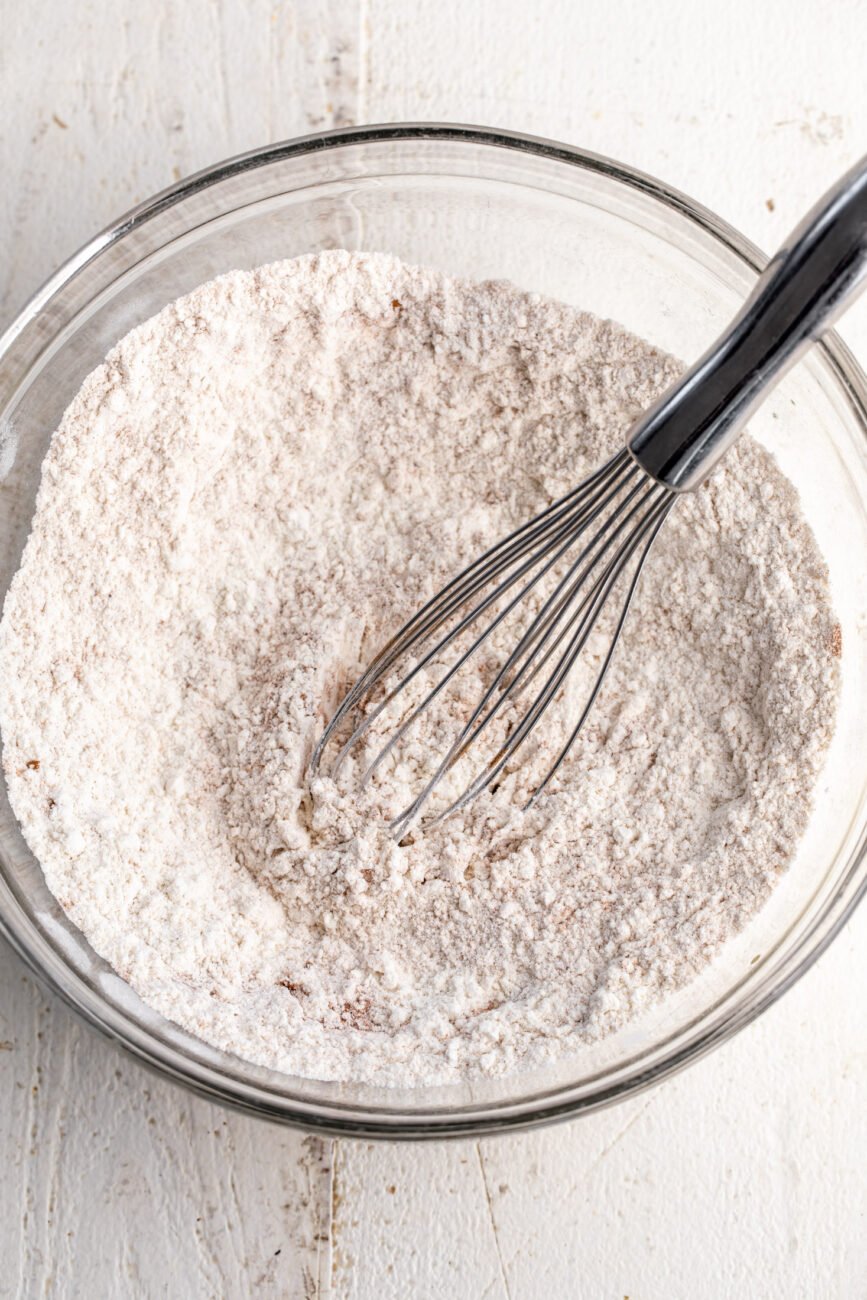 dry ingredients in glass mixing bowl.