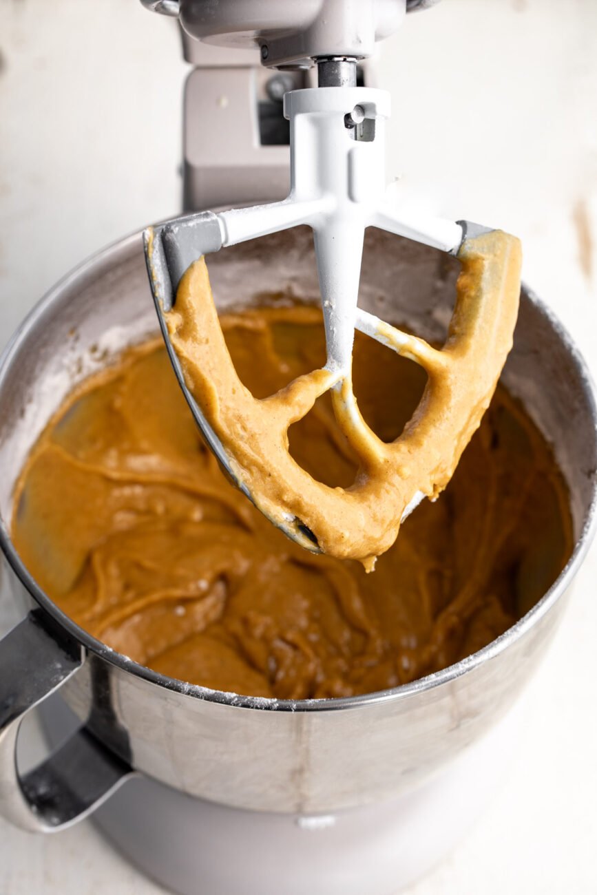 combined pumpkin batter in stand mixer.