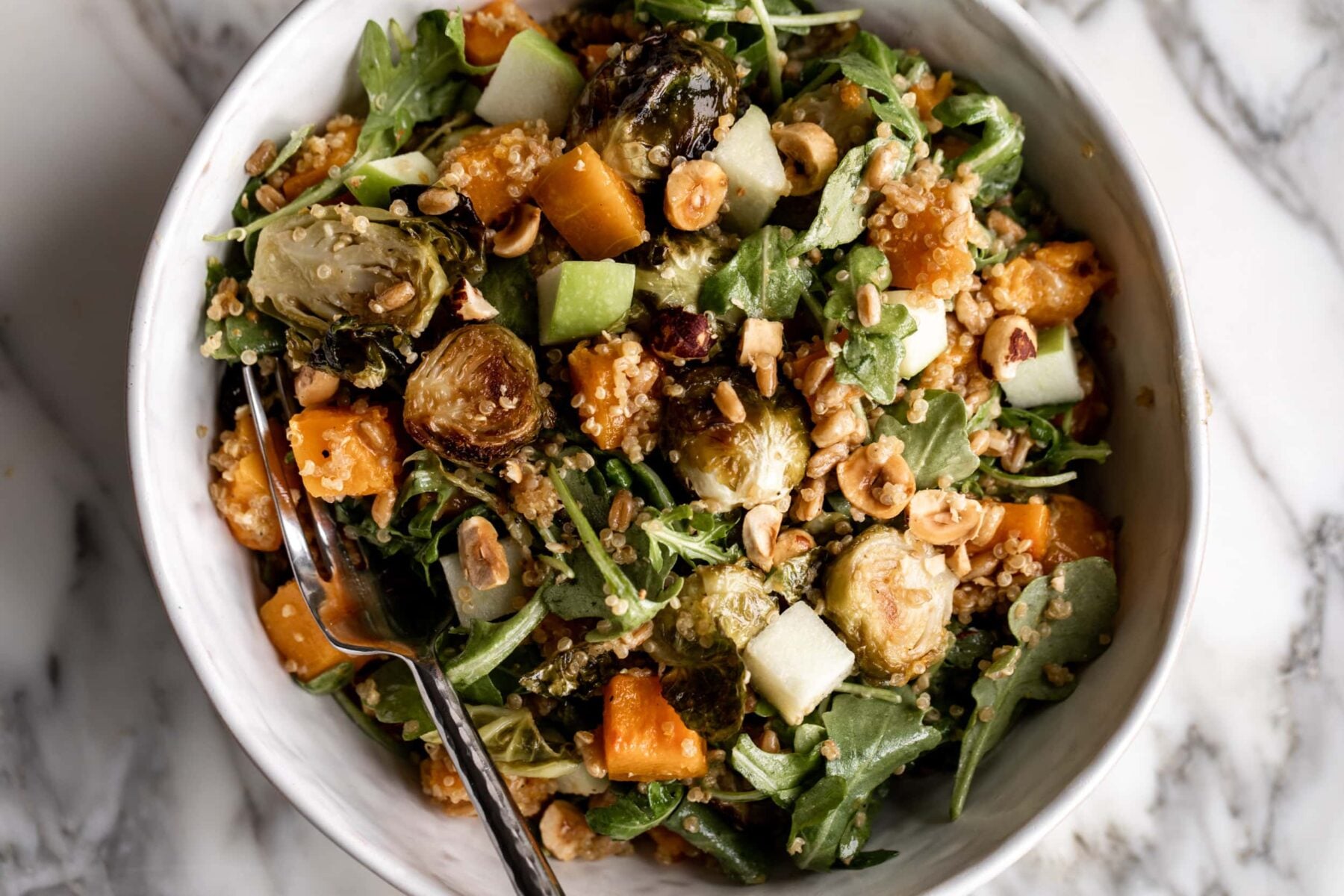 Roasted Brussels Sprout Grain Salad with Maple Tahini Dressing.