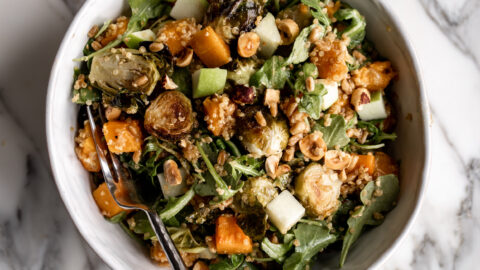 Roasted Brussels Sprout Grain Salad with Maple Tahini Dressing