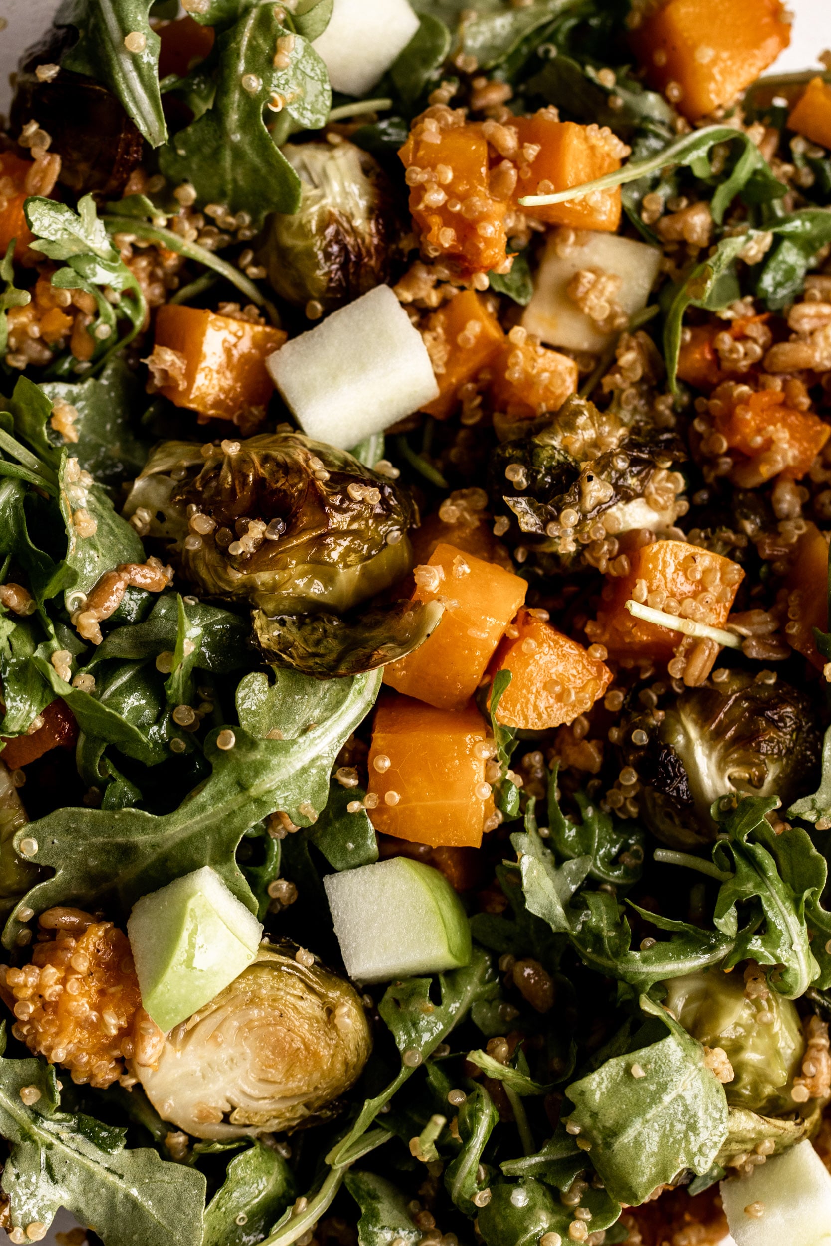 Roasted Brussels Sprout Grain Salad with Maple Tahini Dressing Recipe.
