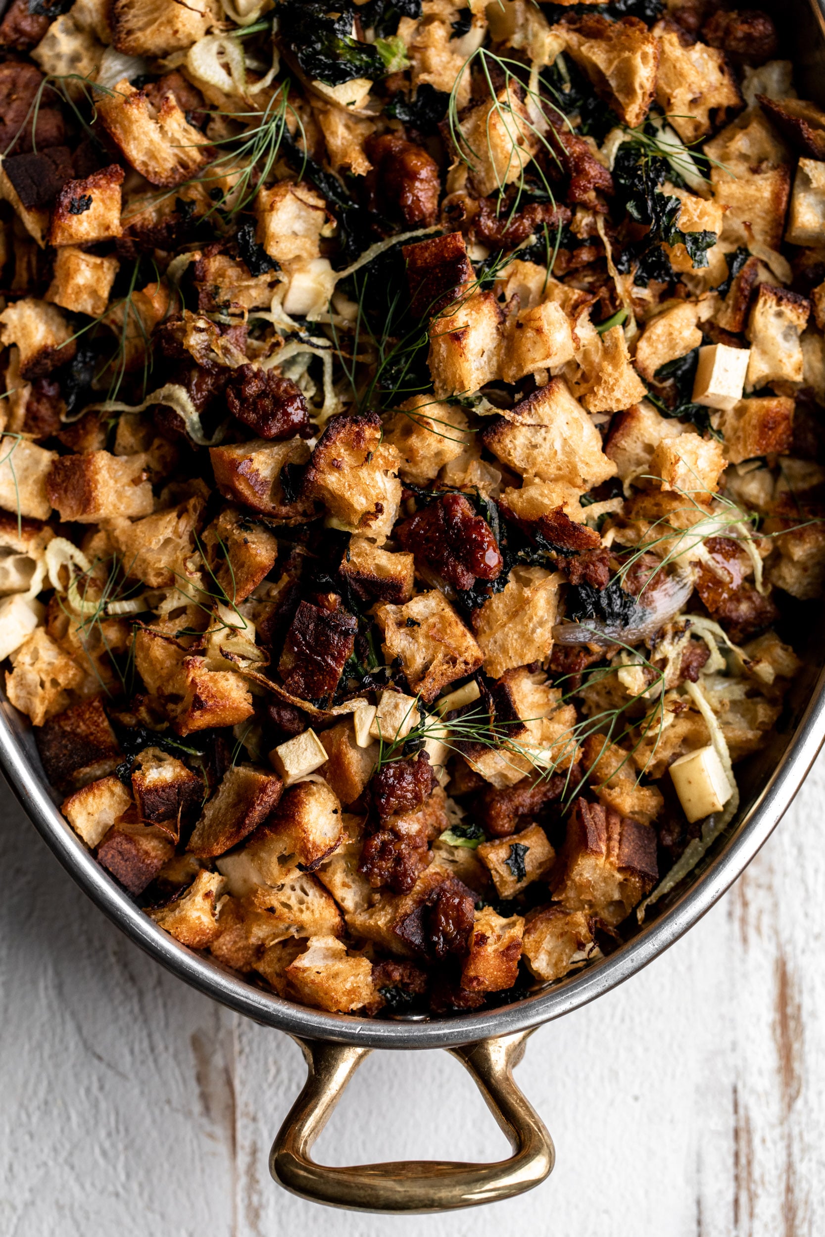 Thanksgiving Sausage Stuffing with Kale and Fennel.