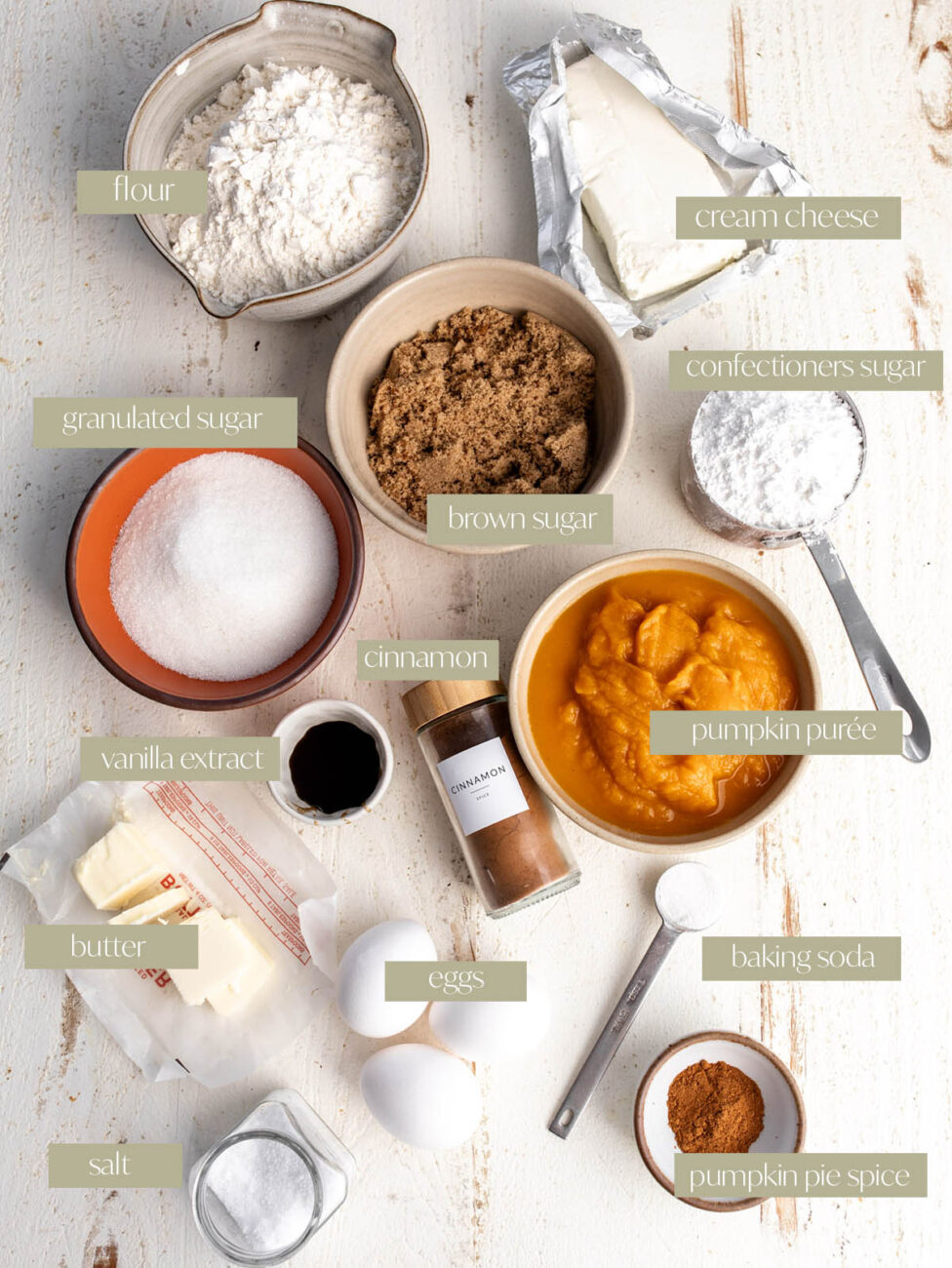 pumpkin muffins with cream cheese filling labeled ingredient photo.