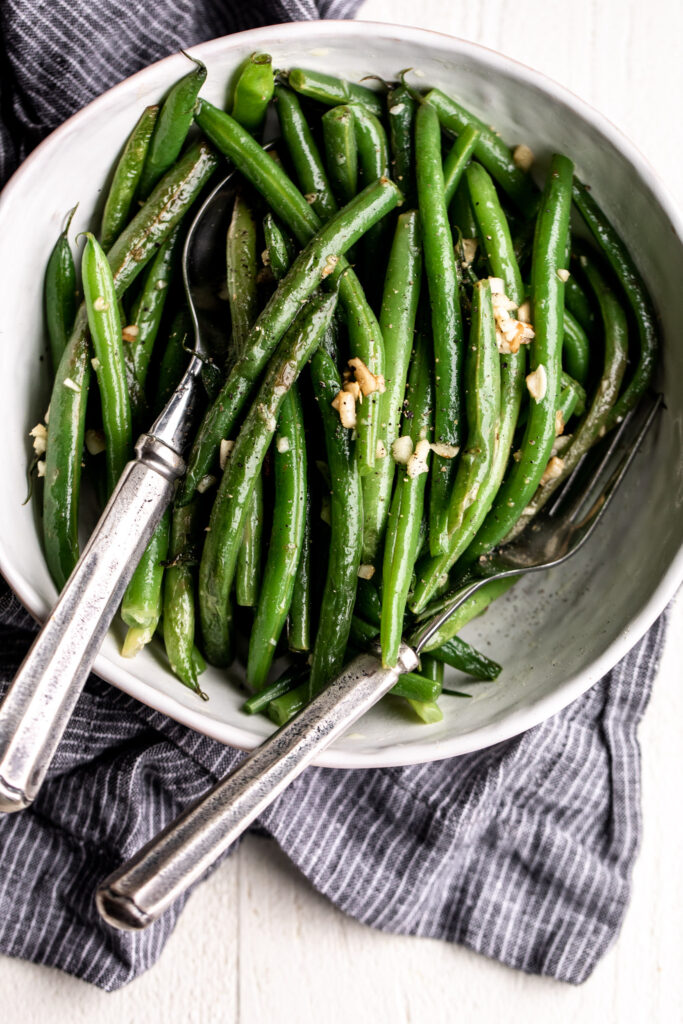 Blanched and Sautéed Garlic Green Beans in bowl