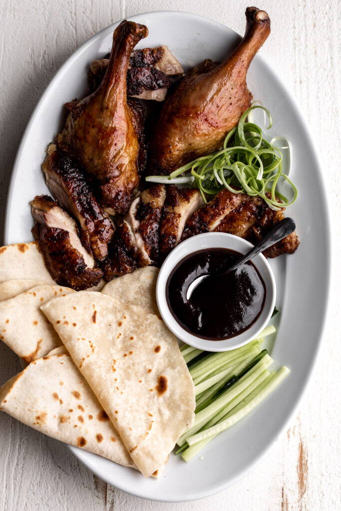 sliced Faux Peking Duck with hoisin mandarin pancakes and julienned cucumber 