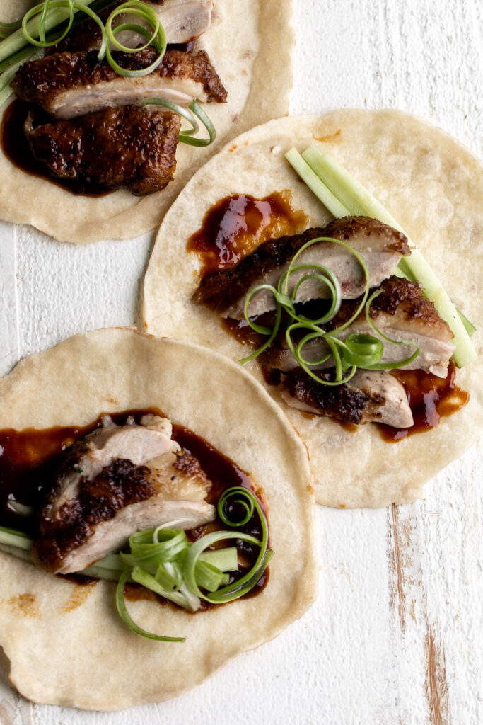 sliced Faux Peking Duck pancakes with cucumber and hoisin sauce