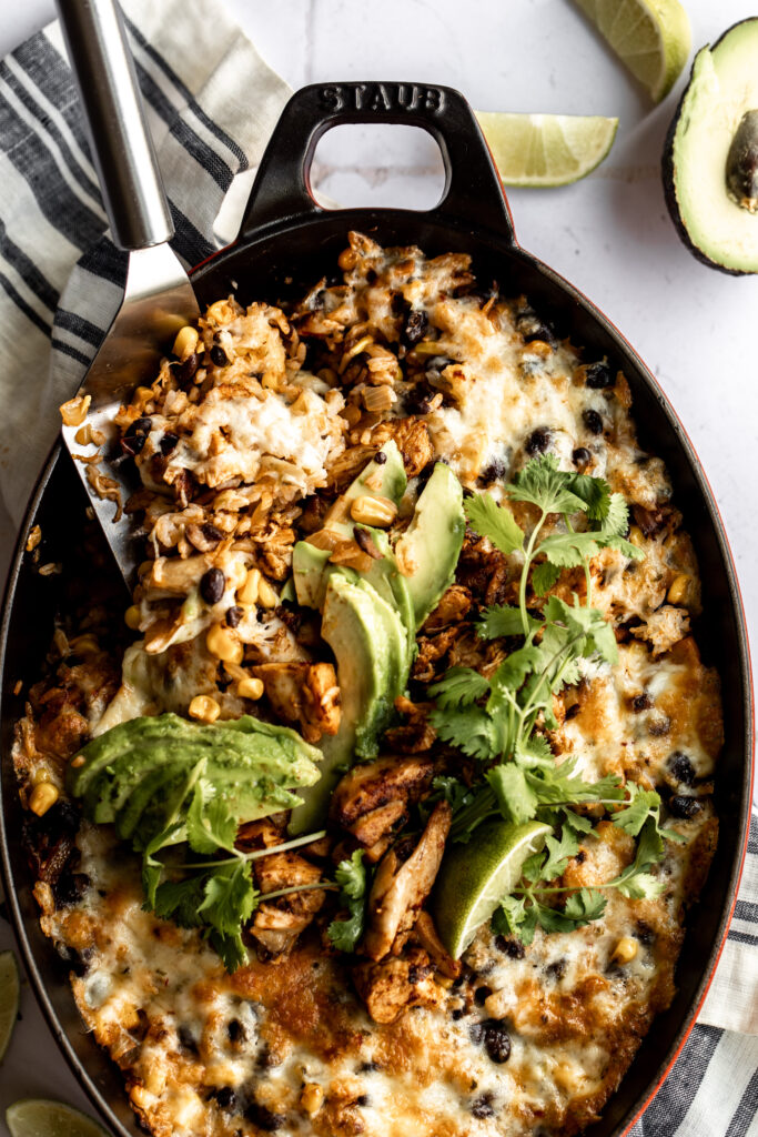 Cheesy Rice and Bean Bake with Chipotle Adobo Chicken recipe