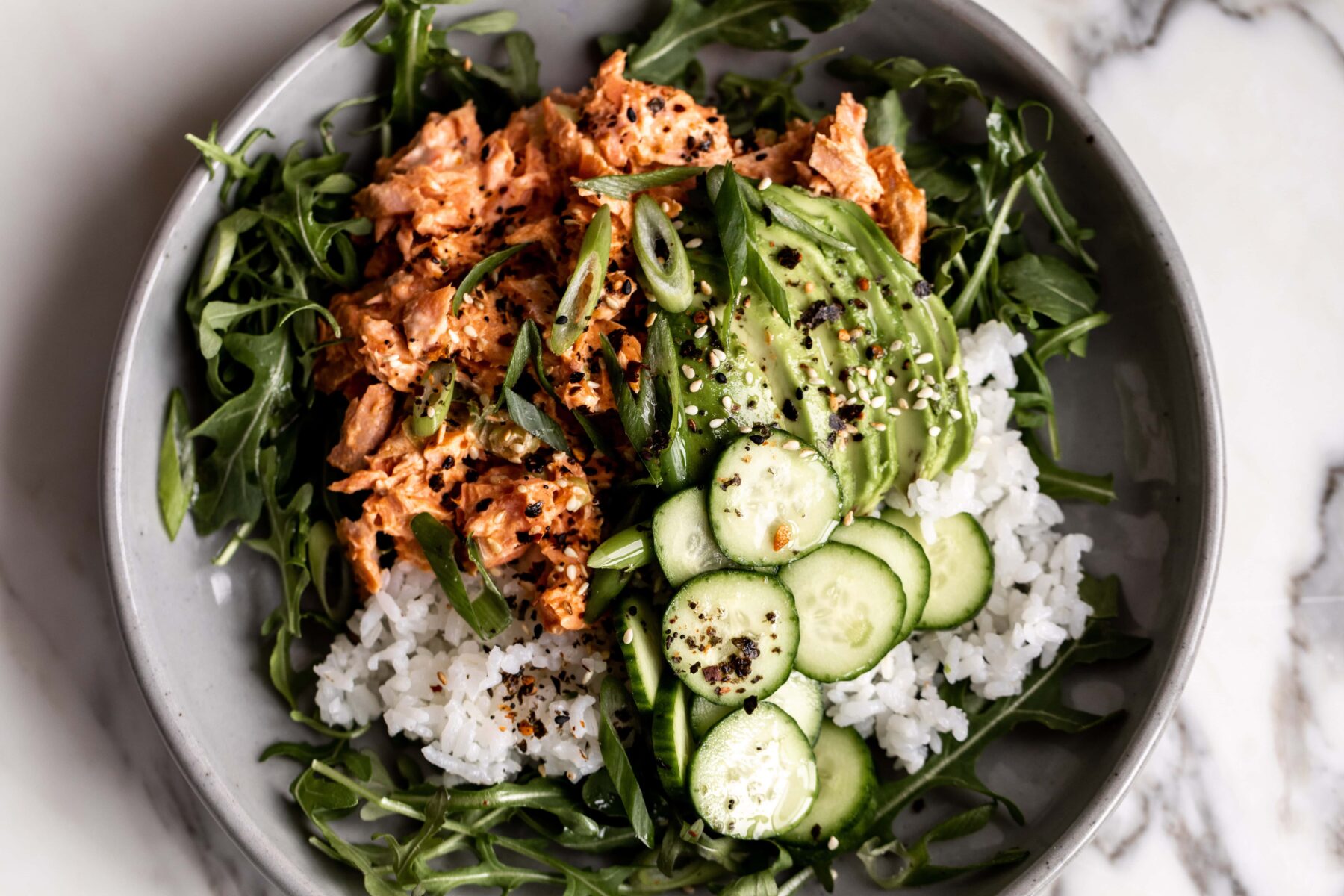 Spicy Salmon Salad Rice Bowls.
