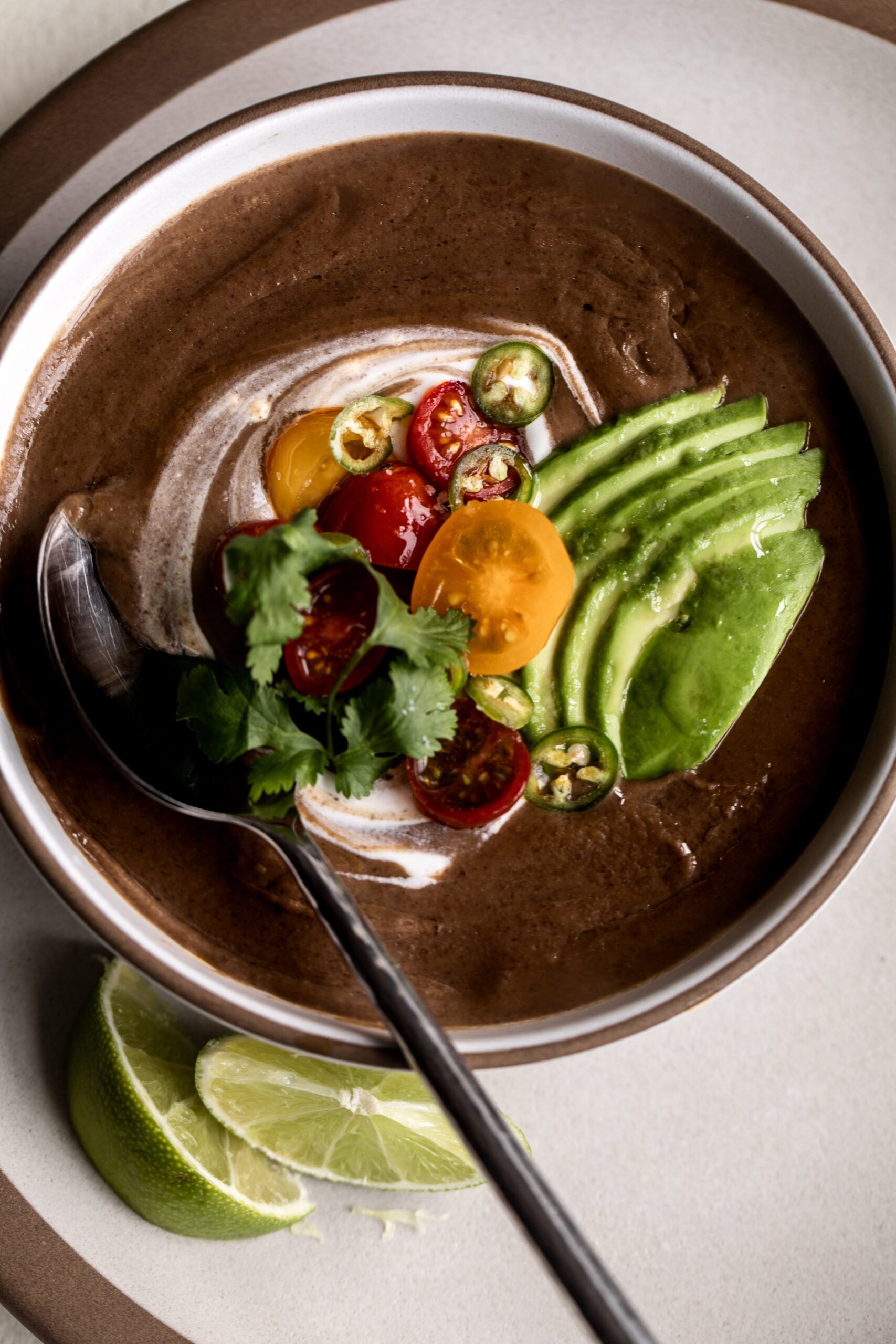 creamy black bean soup topped with avocado slices and tomato.