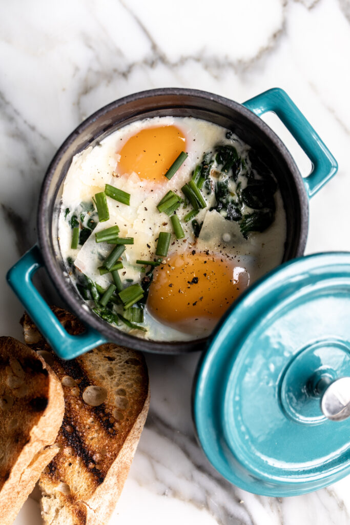 Eggs en Cocotte: Baked Eggs in Ramekins with Spinach & Pancetta