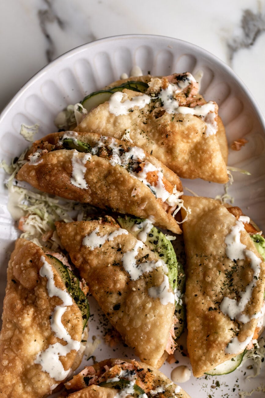 Salmon Wonton Tacos with Yuzu Mayo.