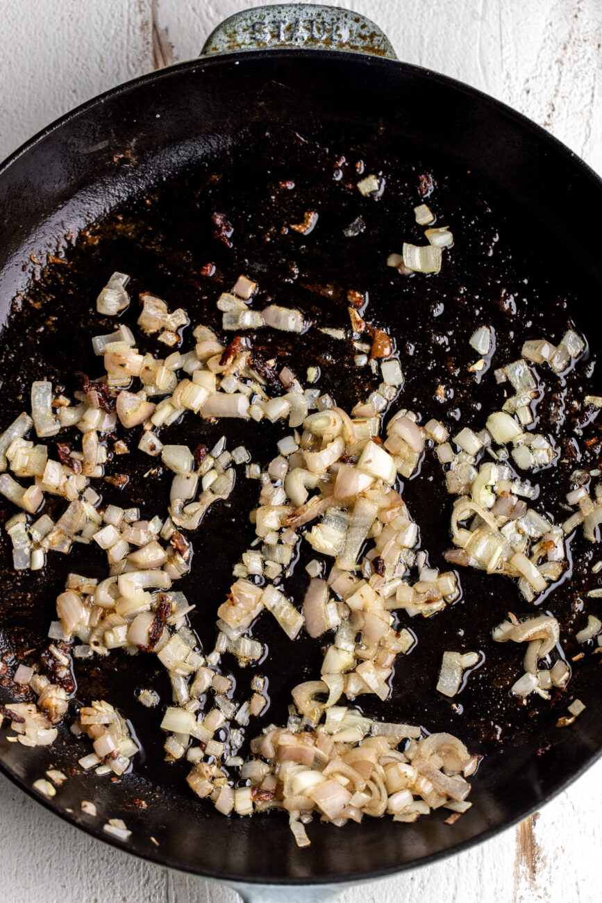 Spinach and Artichoke Chicken and Orzo Bake - Step 2: Sauté shallots.