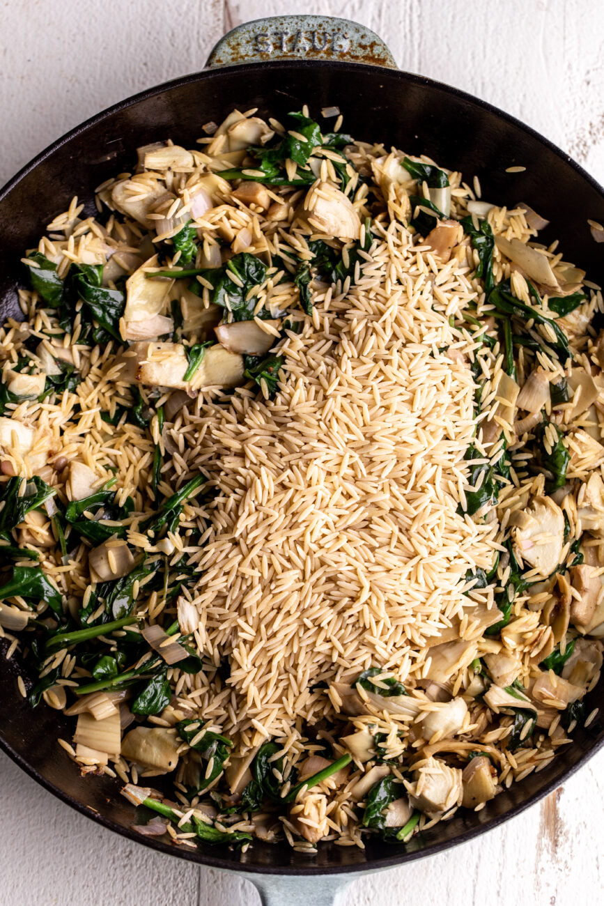 Step 4: Add orzo and chicken.