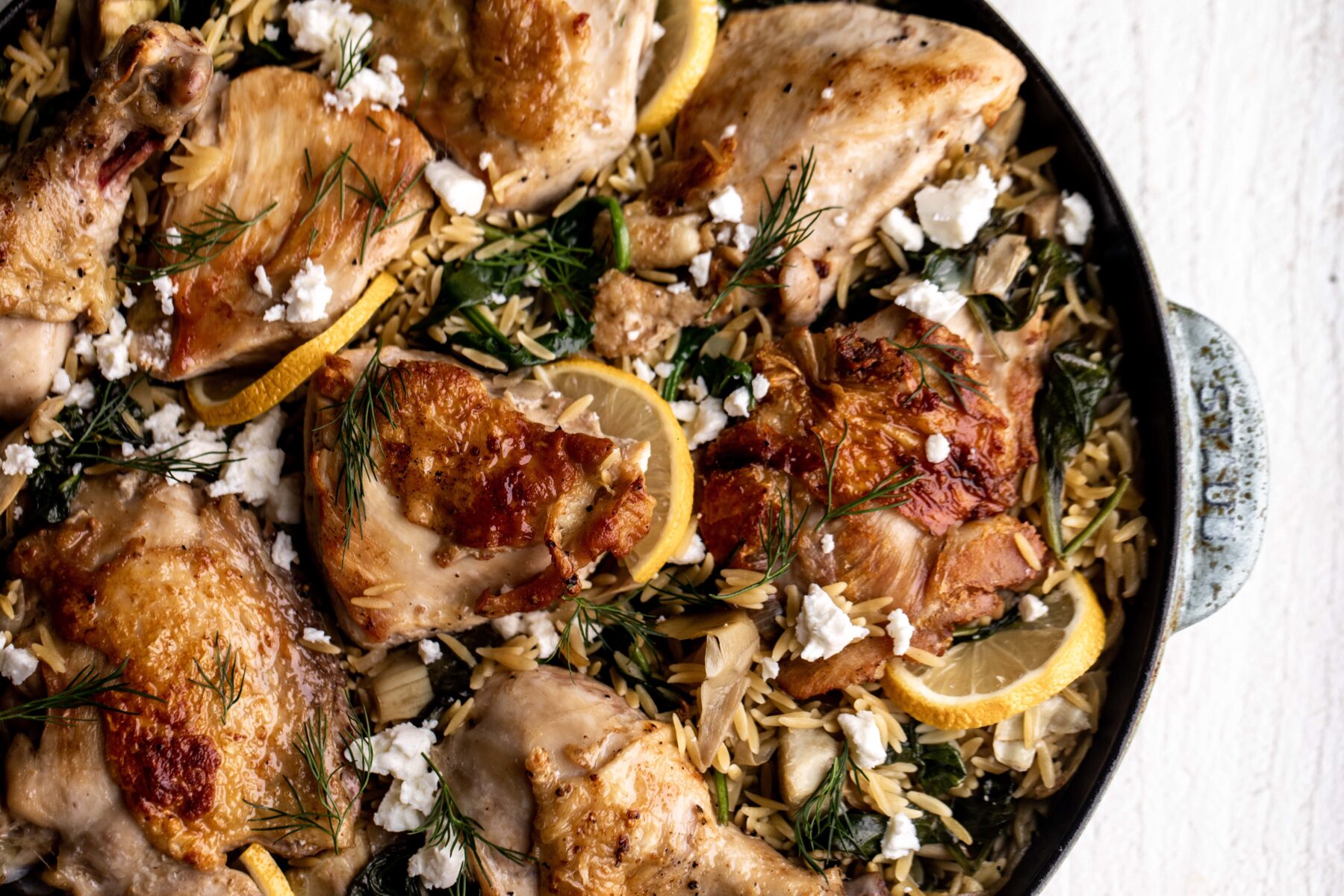 Spinach and Artichoke Chicken and Orzo Bake.