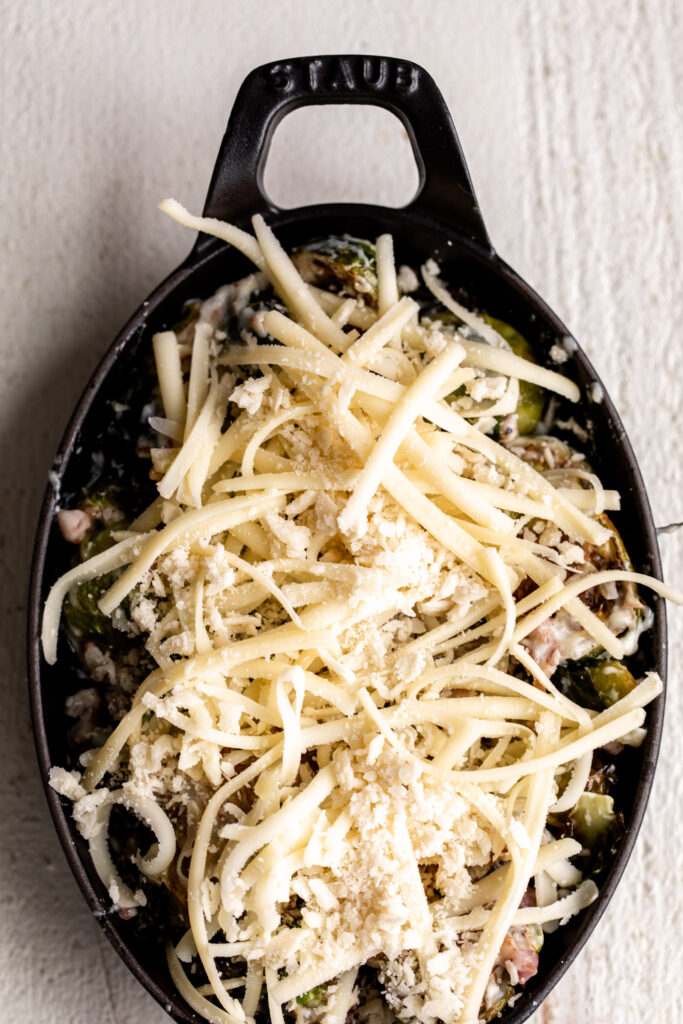 Brussels sprouts gratin topped with gruyere cheese and Parmesan