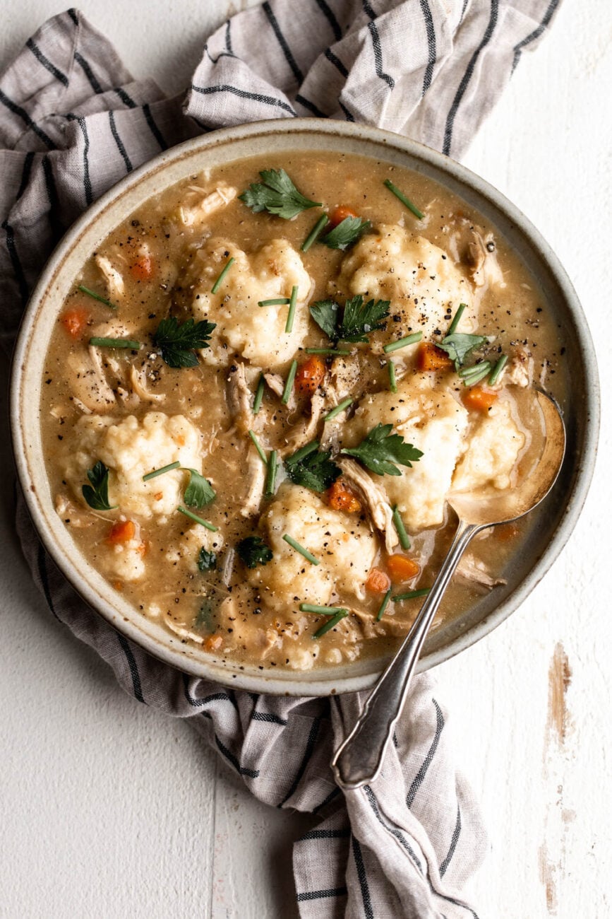 chicken and dumpling soup with spoon in bowl.