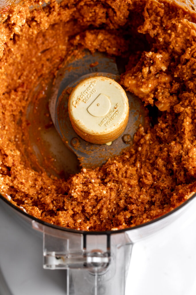 blended spicy feta dip in food processor