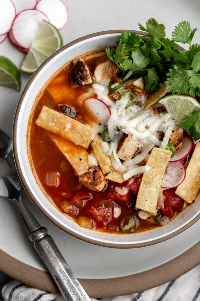 tortilla soup with chopped breasts and monterey jack cheese and tortillas