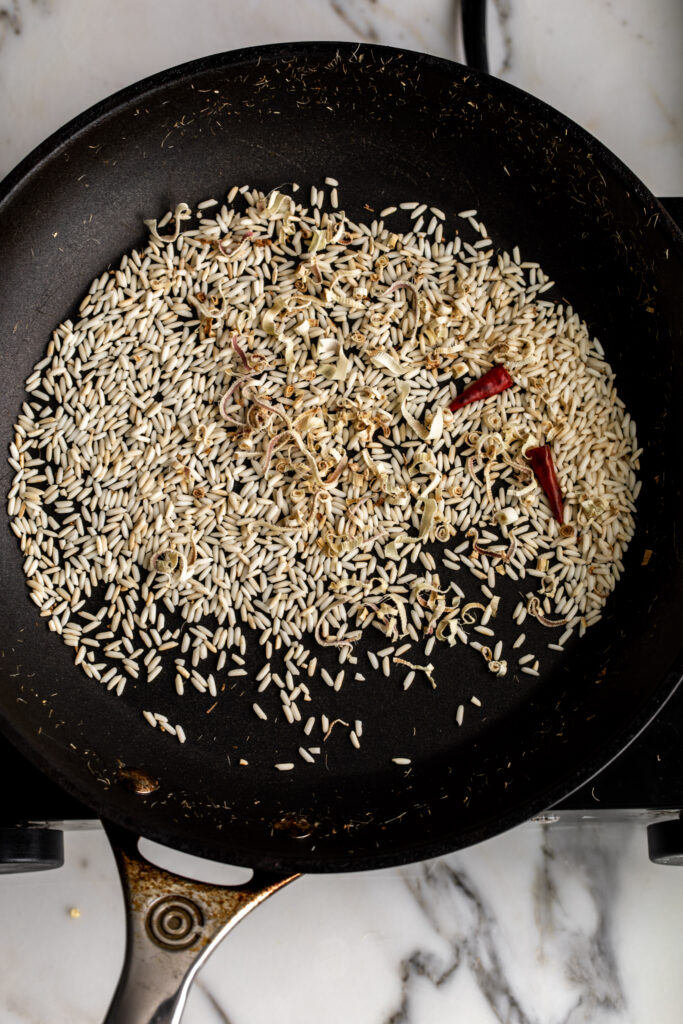 toasted rice in skillet.