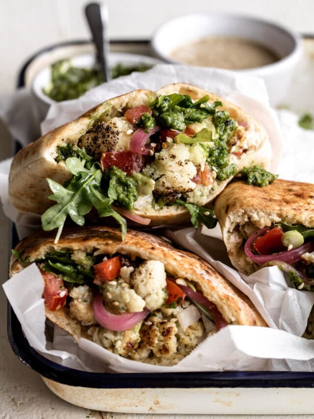 Roasted Cauliflower Pita Cooking with Cocktail Rings