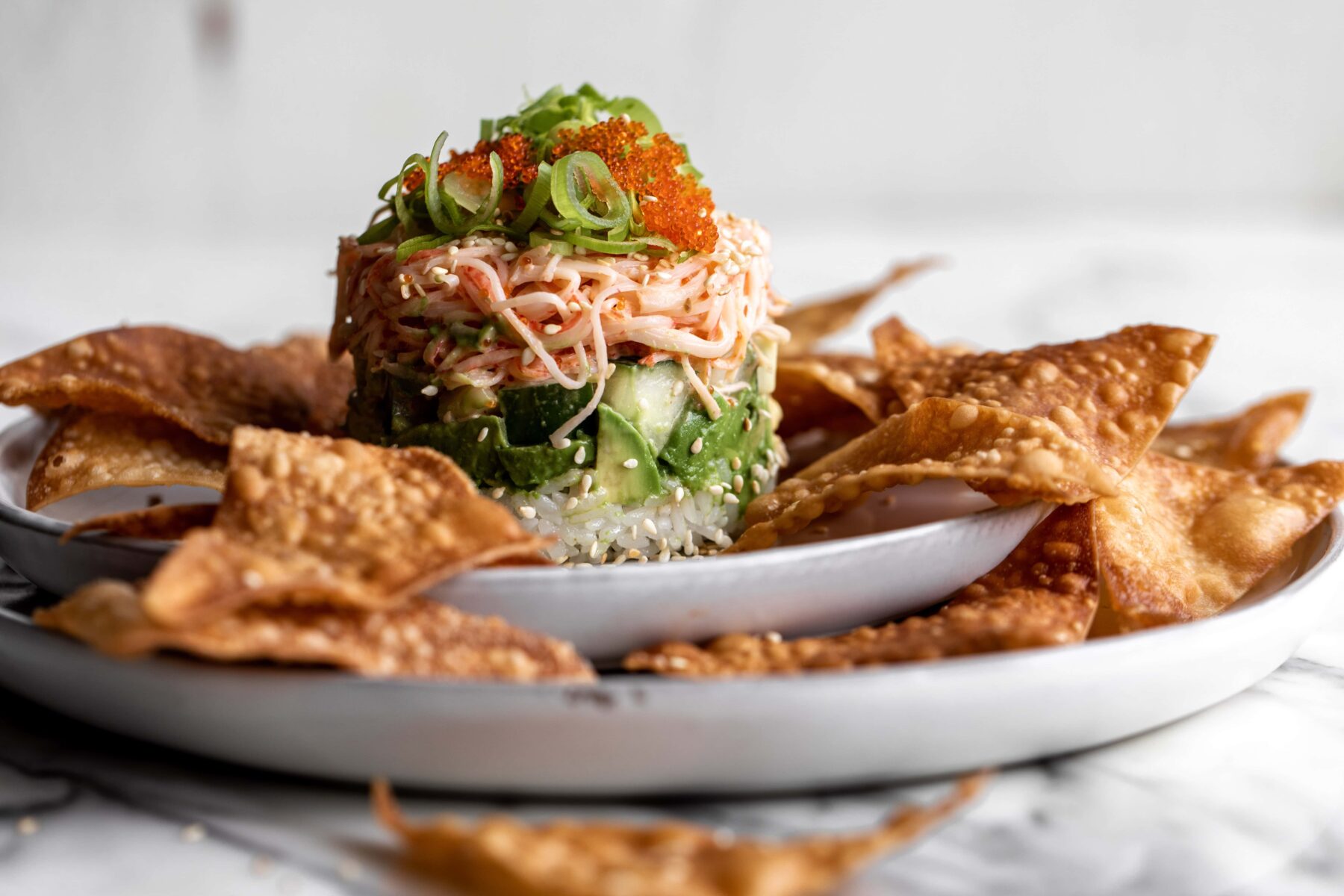 California roll sushi stack with avocado and kani.