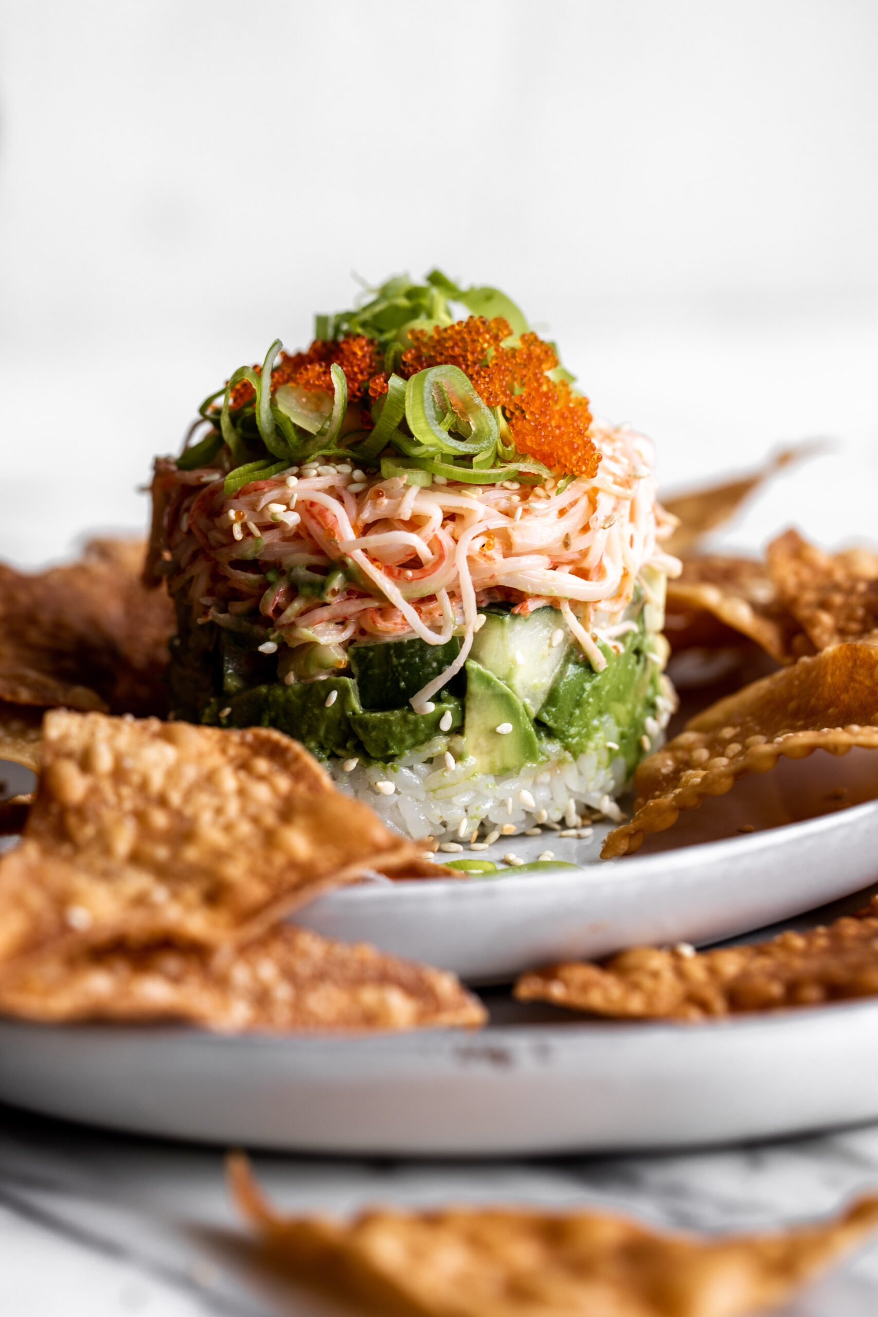 garnished and serving of California Roll Sushi Stack.