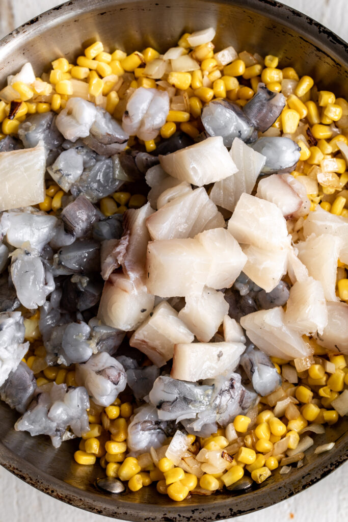 shrimp and fish with corn