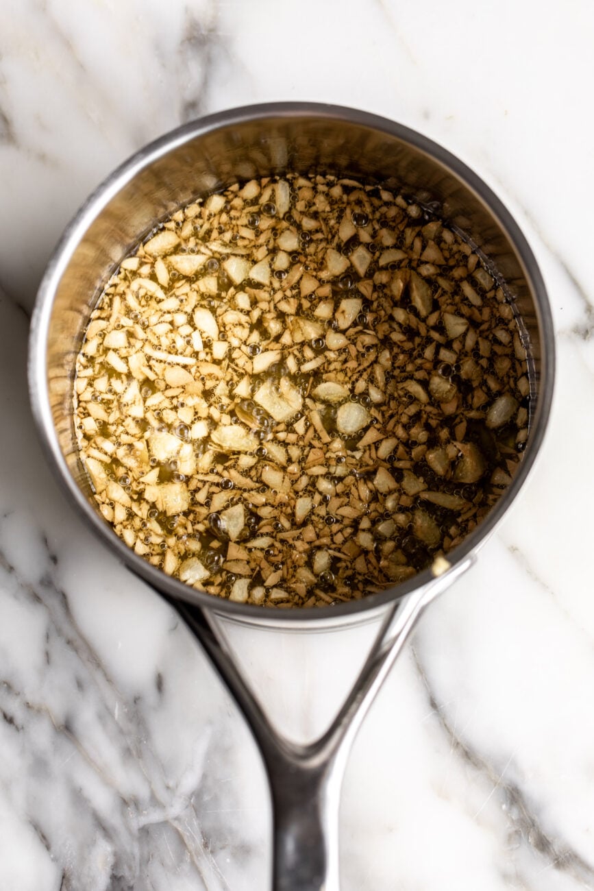 fried garlic in olive oil.