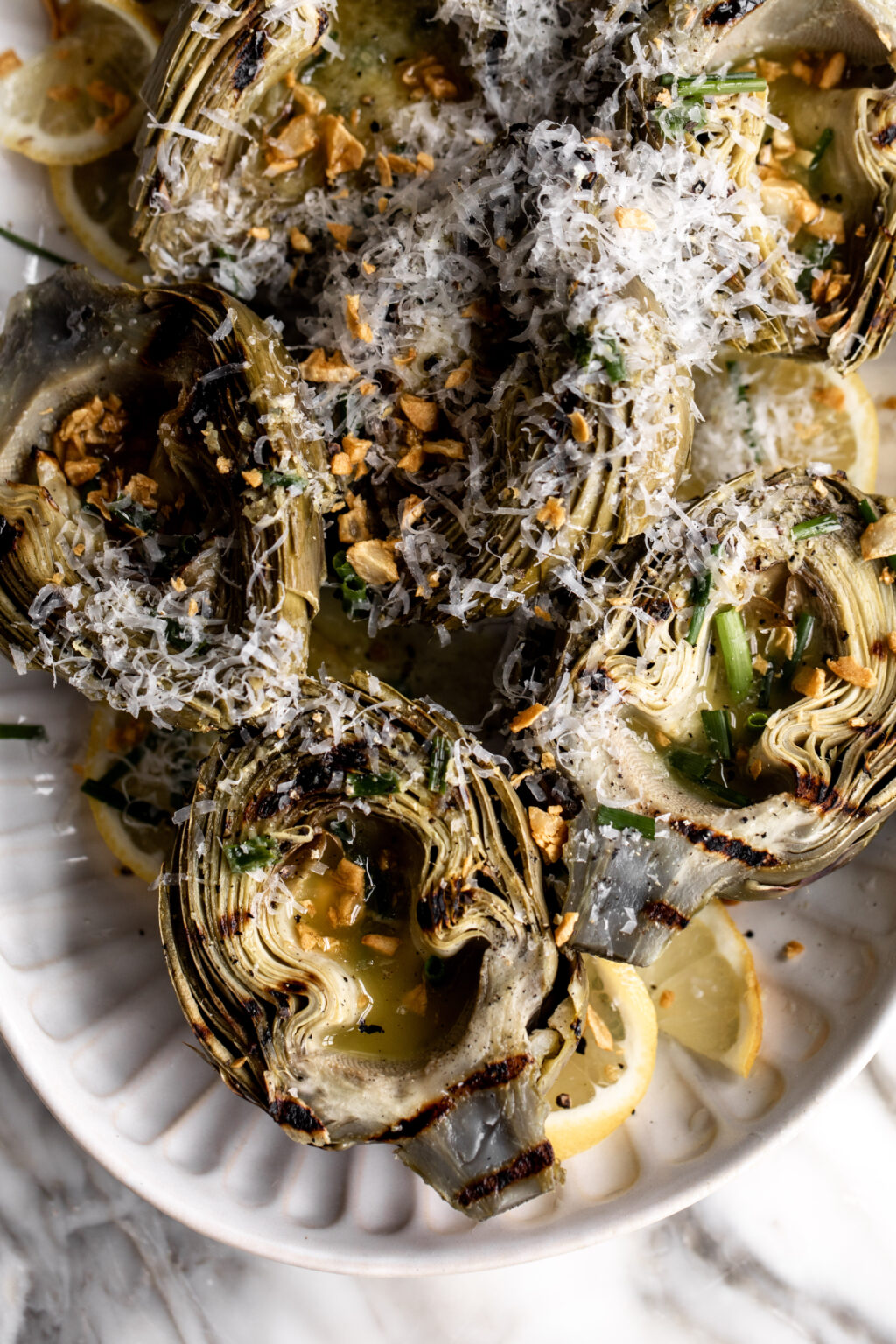 Grilled Artichoke with Lemon Vinaigrette, Cheese, Garlic