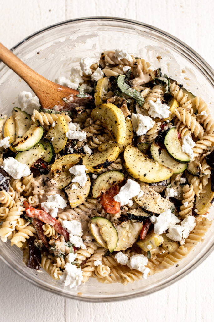 pasta salad with grilled vegetables and feta cheese