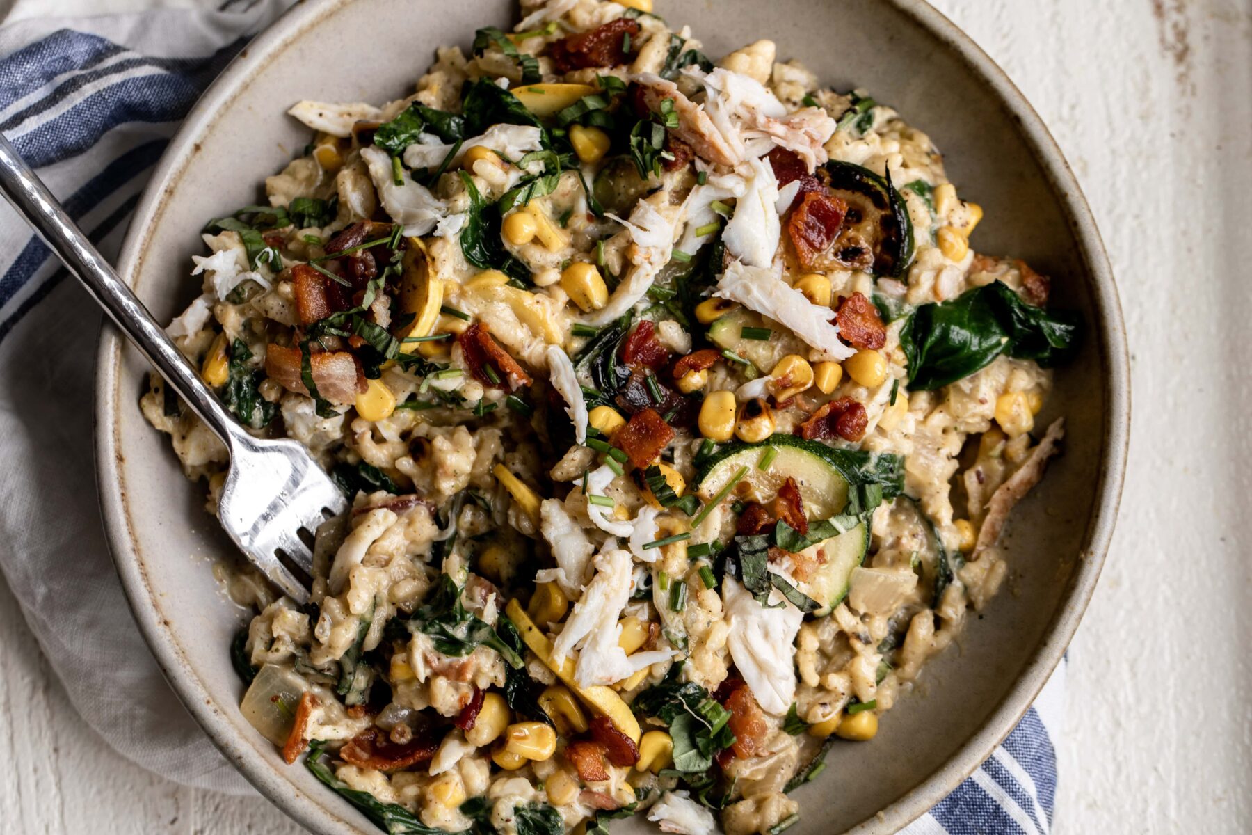 Summer Vegetable Risotto with crab meat and bacon.