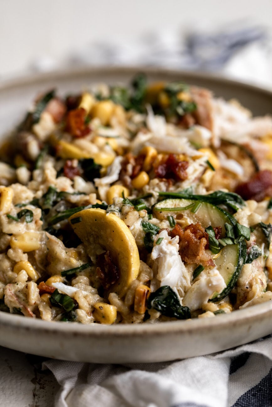 Summer Vegetable Risotto with crab meat and bacon.