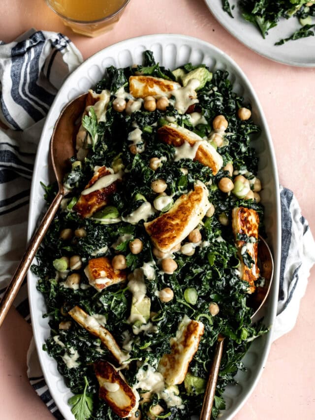 Crispy Halloumi Kale Salad with Garlic Tahini Dressing Cooking with