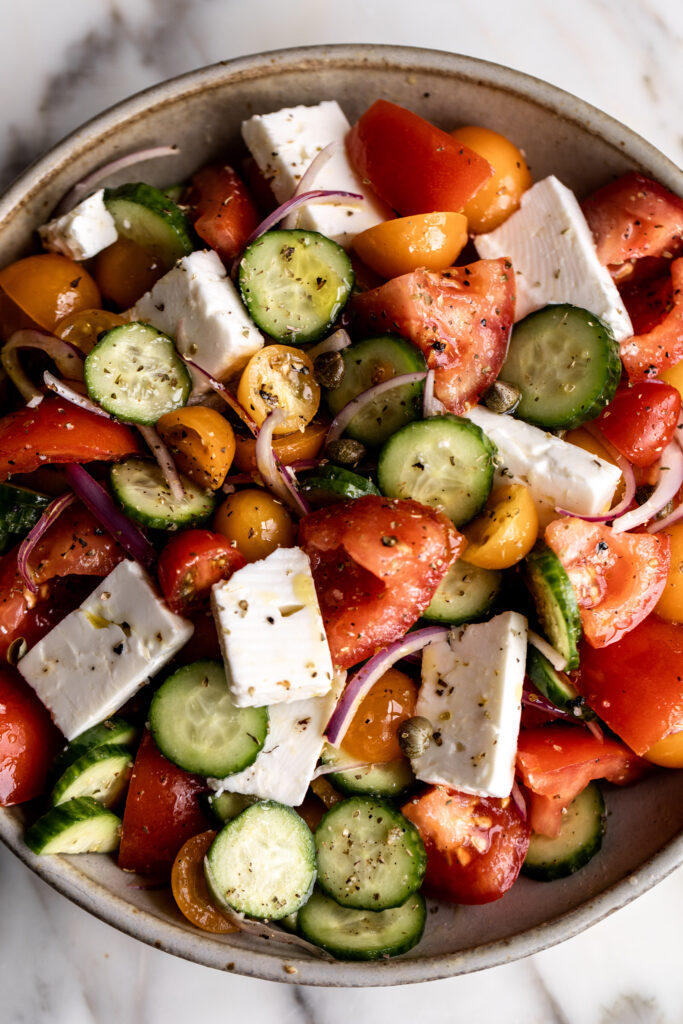 Greek salad in serving bowl