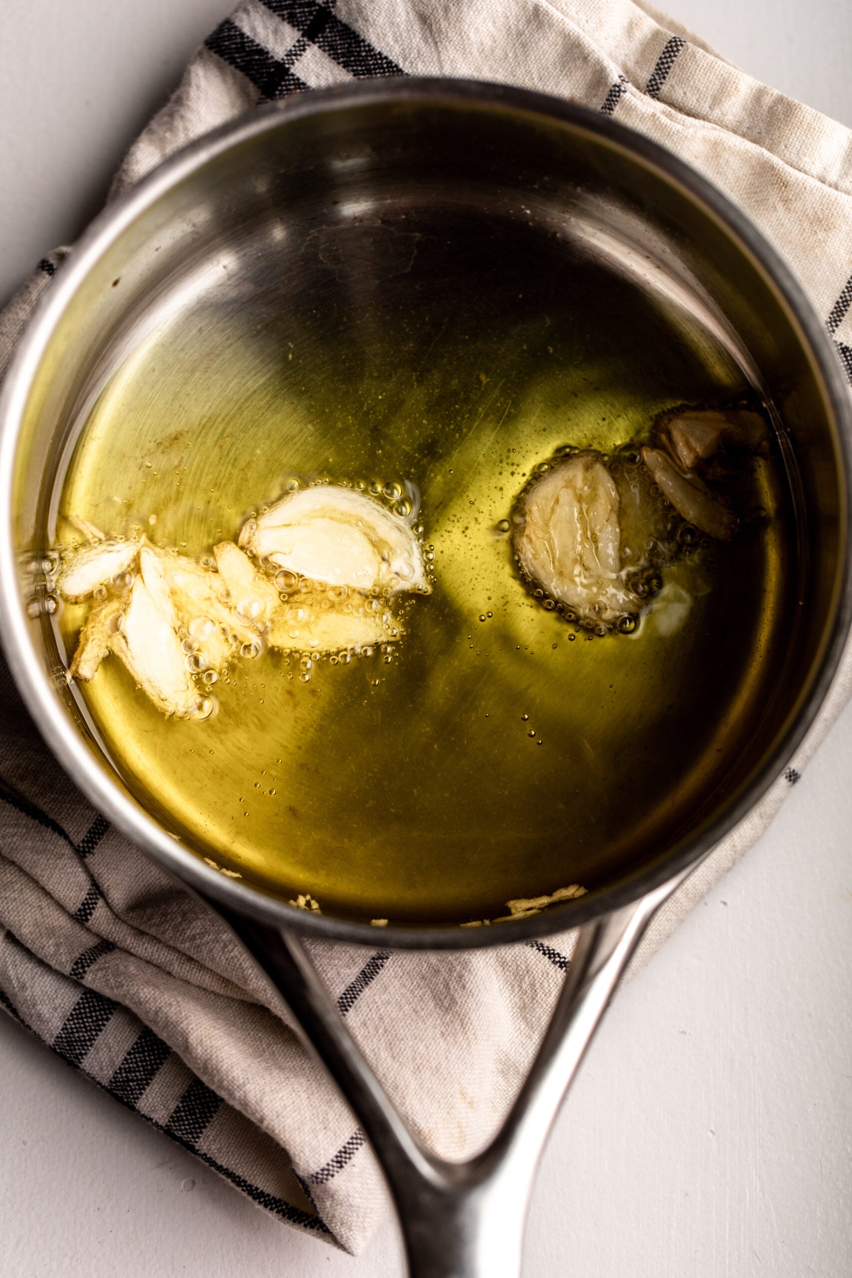 garlic basil oil in pan.