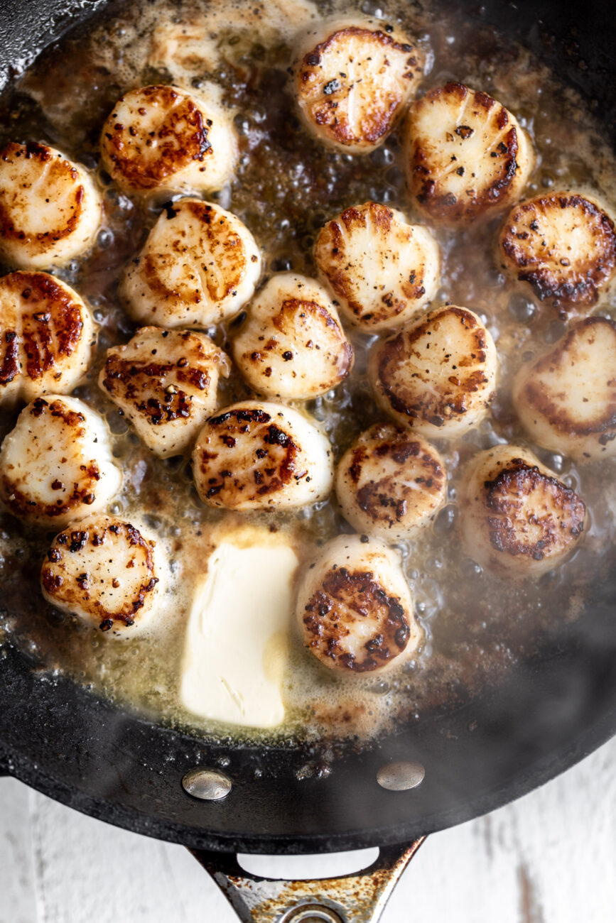 seared scallops with brown butter.