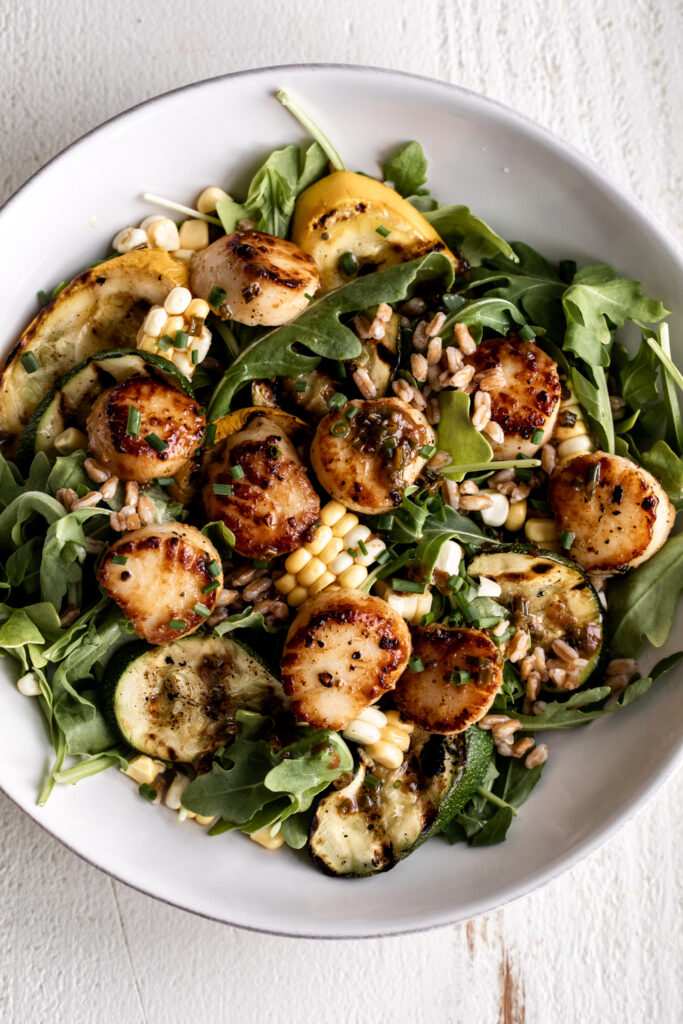 Brown Butter Scallops with Squash & Farro Salad with raw corn and chives