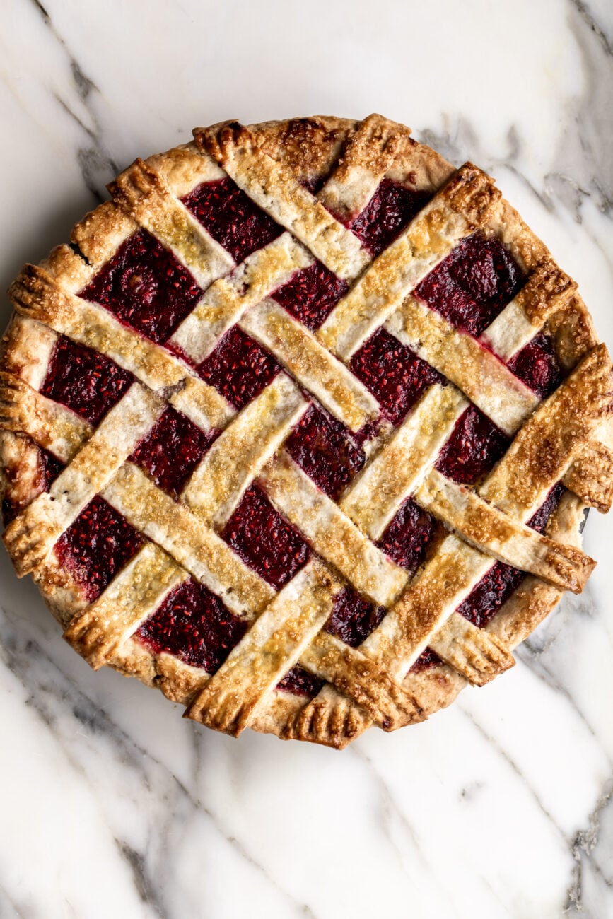 raspberry pie with shortbread crust baked.