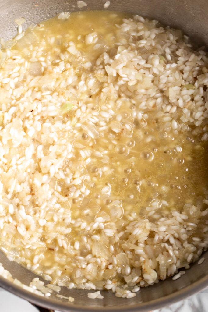 simmered risotto rice with chicken stock