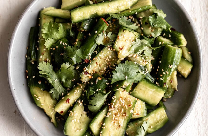 smashed cucumber salad with cilantro and sesame.