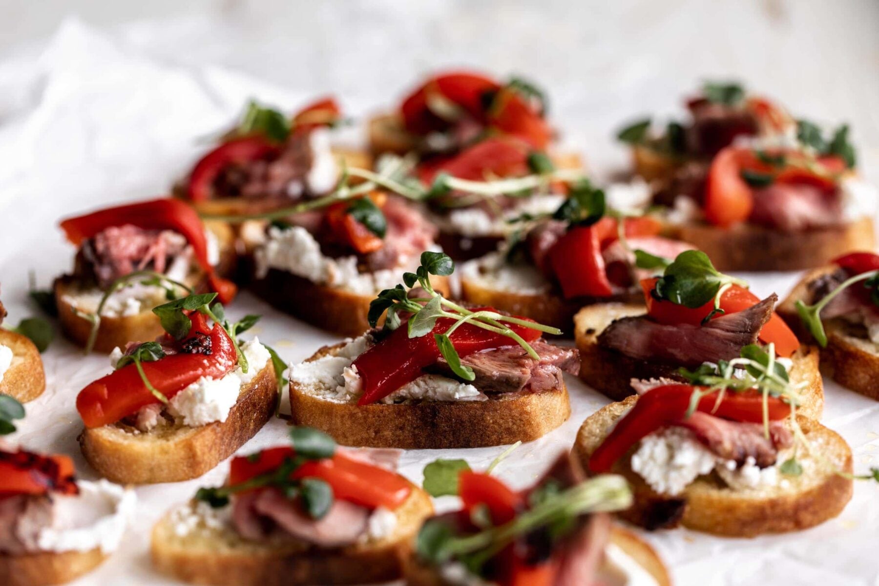 Steak crostini with roasted red peppers garnished with micro greens.