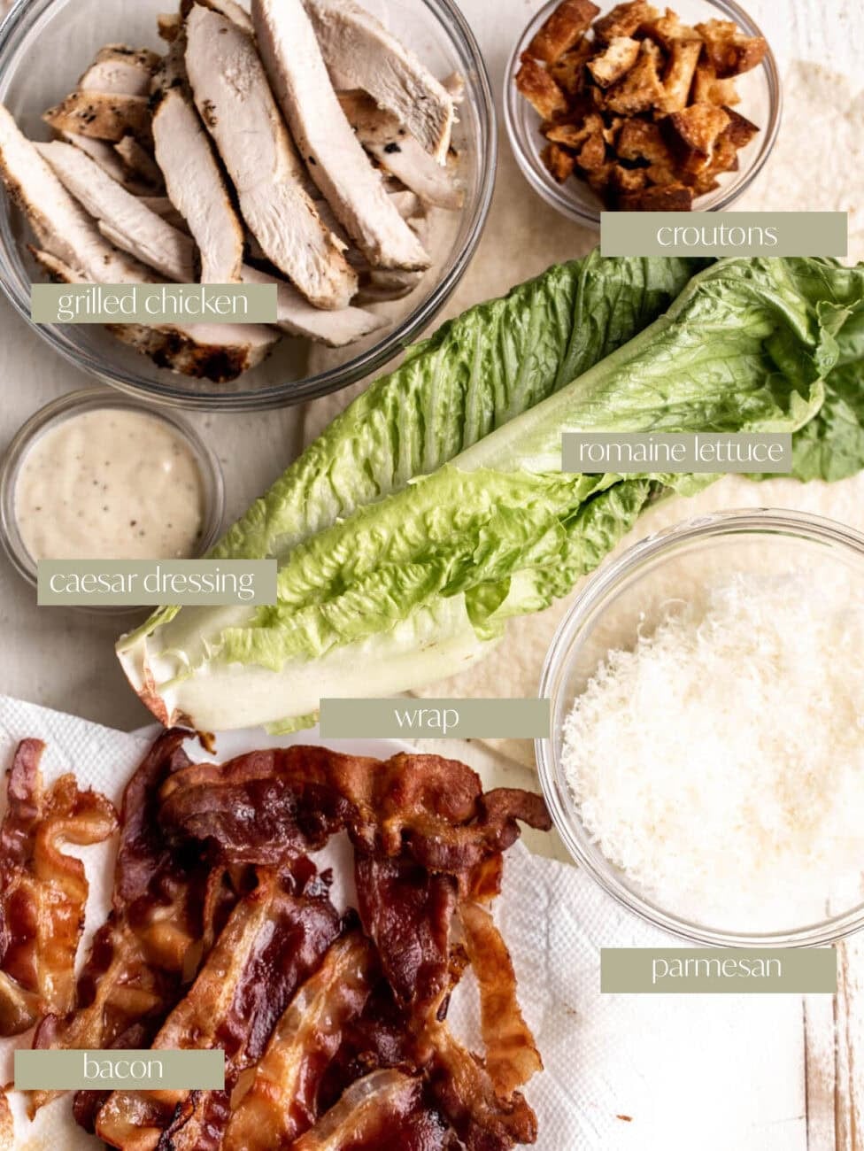 ingredients for Grilled Chicken Caesar Wrap.